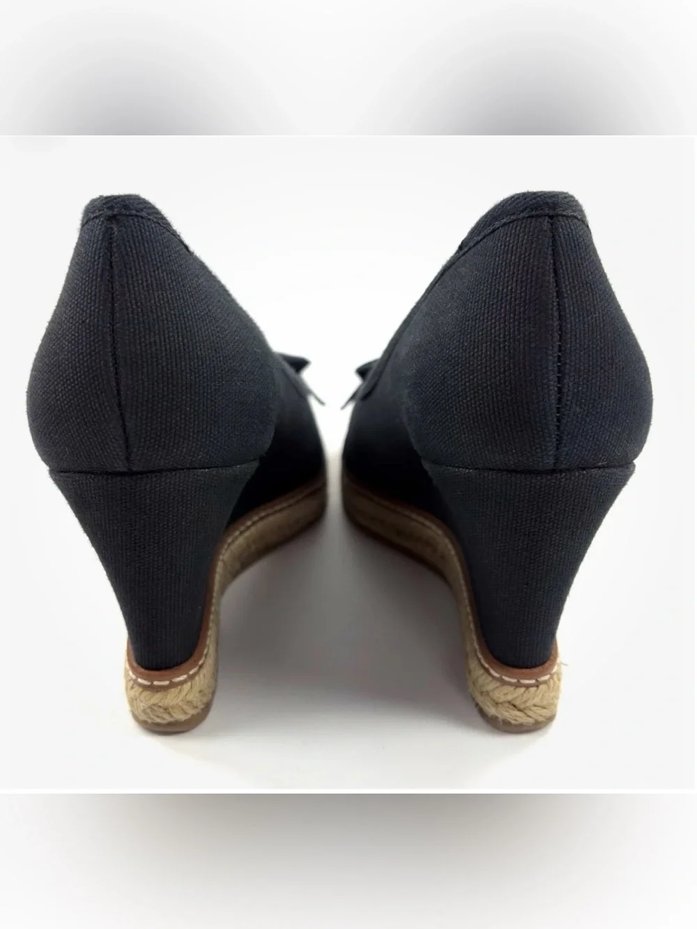 Tory Burch Jackie Espadrille Wedge Pumps Black Canvas Peep Toe Bow Size 8